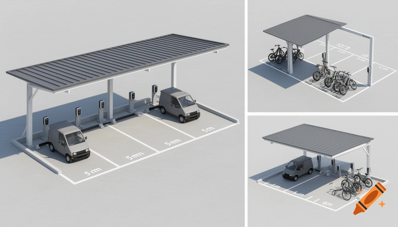 3D architectural render of a modern covered parking lot with EV charging for two vans and a separate area for electric bicycles, viewed from multiple angles.