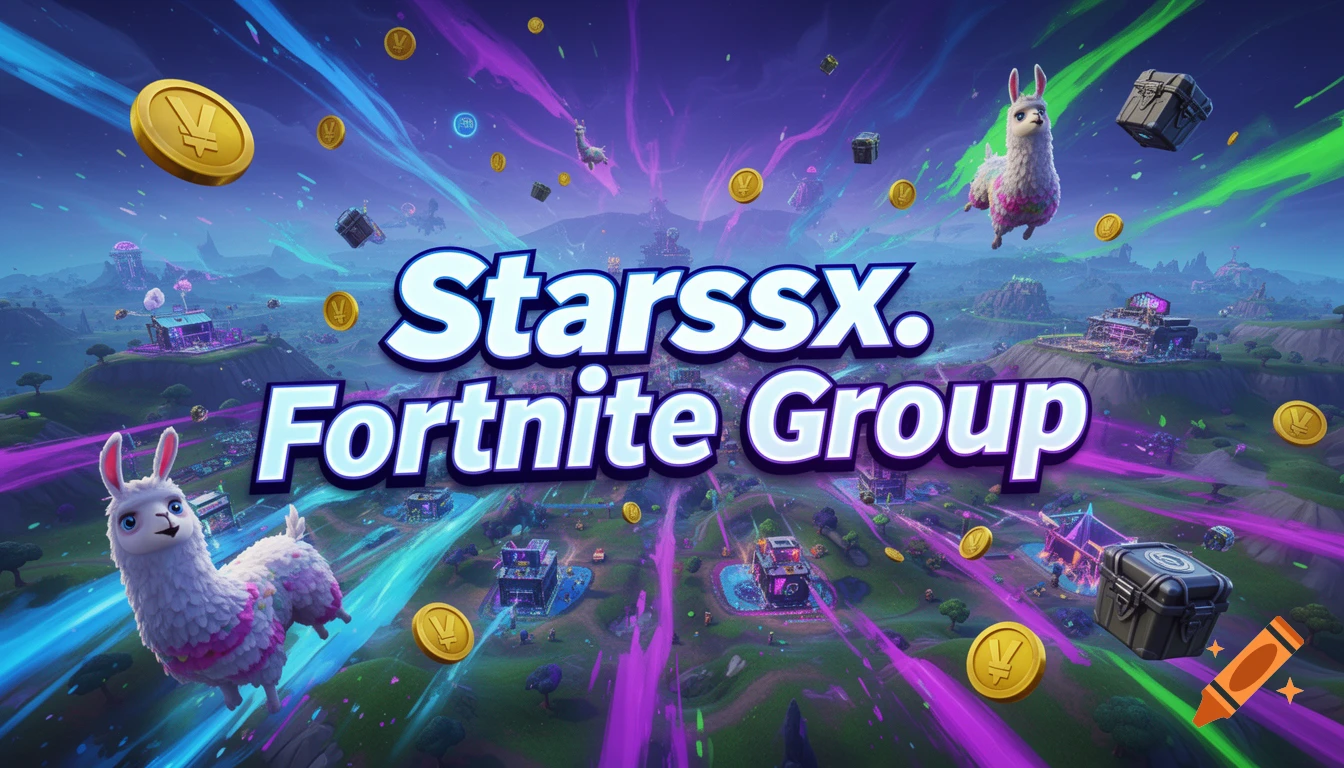 A vibrant, stylized Fortnite group banner featuring a landscape with floating llamas, coins, and chests, with 'Starssx. Fortnite Group' text.