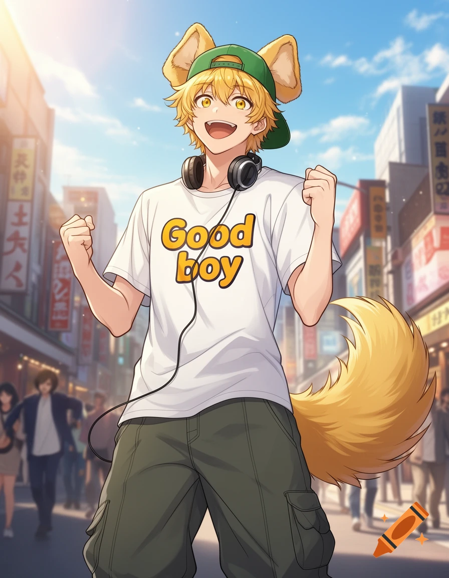 A happy anime boy with golden retriever ears and tail, wearing a green hat, a 'Good boy' t-shirt, and headphones, standing on an urban street.