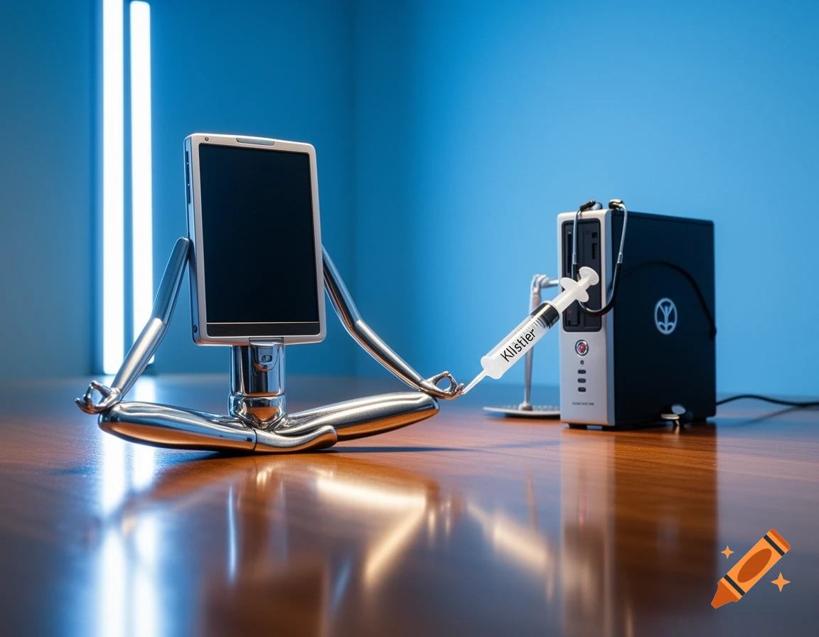 A monitor with metallic legs in a yoga pose receives a syringe labeled 'Klistier' from a desktop computer, set on a glossy table.