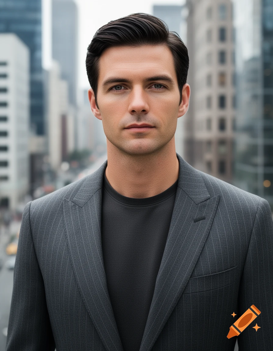 Photorealistic bust portrait of a man in a pinstripe suit and dark shirt, looking directly at the camera, with a blurred city background.