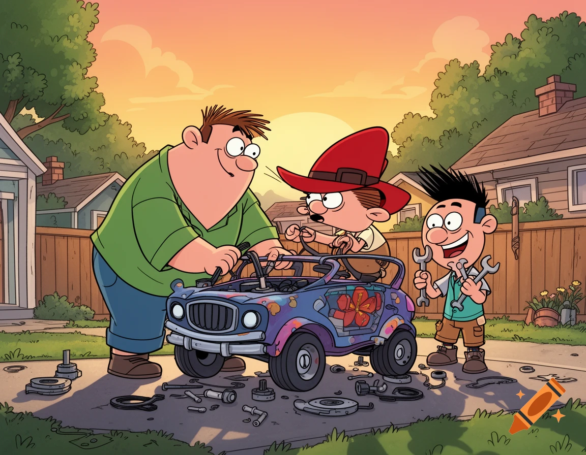 Three cartoon characters in an Ed, Edd n Eddy style fix a colorful car filled with tools in a sunny driveway.
