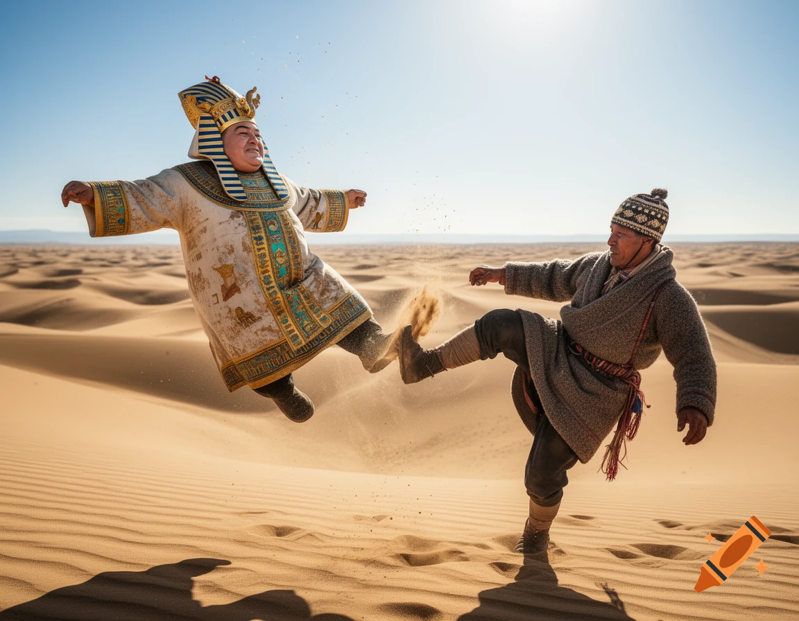 A man in an ornate Pharaoh costume is kicked in the behind by a man in traditional Sherpa attire in a sunny desert with sand dunes.