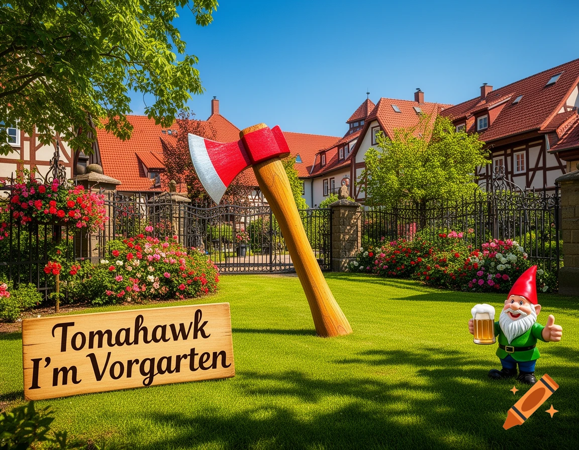 A garden gnome with beer and thumbs up next to a giant axe and a sign reading 'Tomahawk I'm Vorgarten' in a sunny German garden.