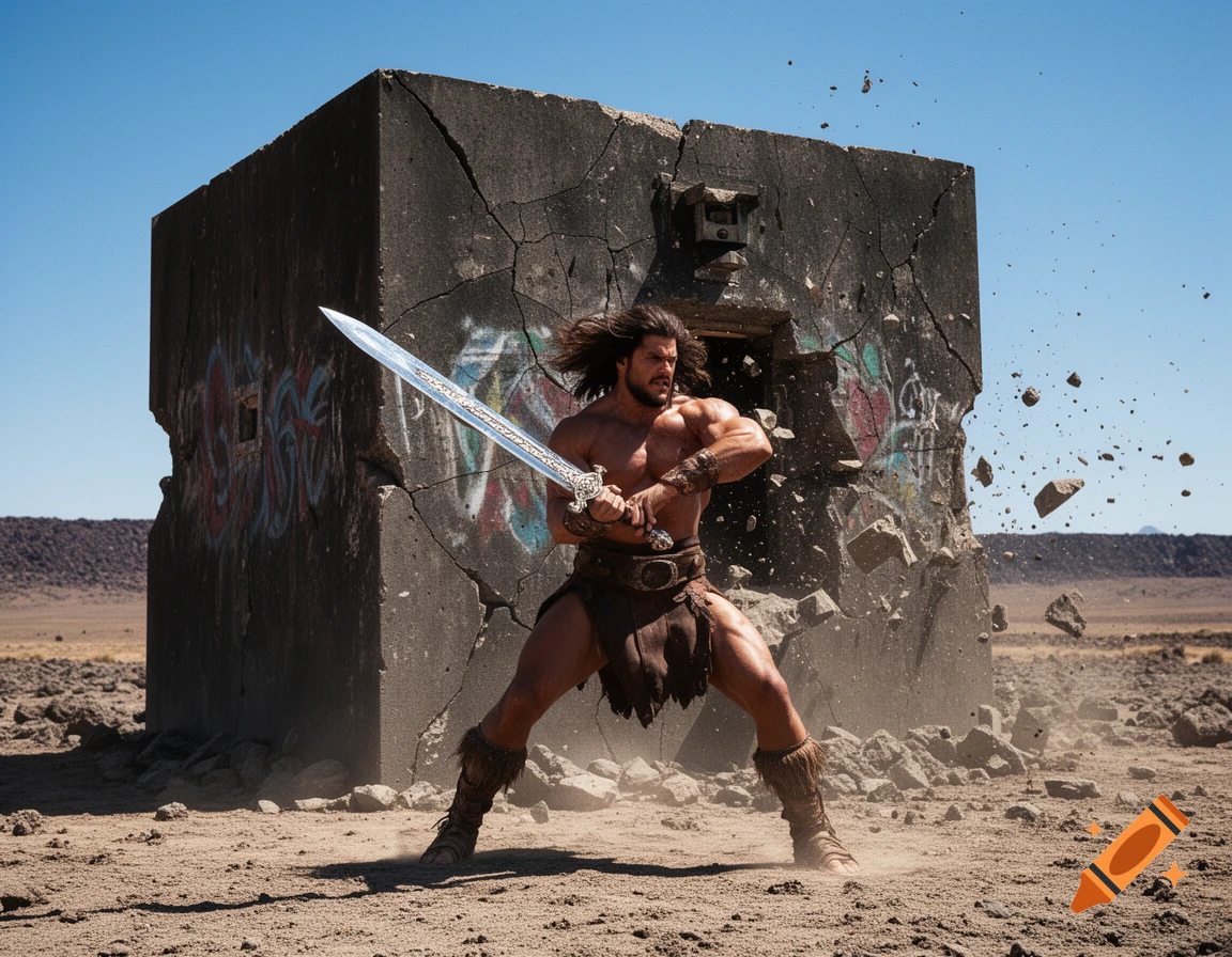 A muscular man with long hair, dressed as a barbarian in a loincloth, wields a large sword, striking and destroying a concrete bunker covered in graffiti in a dusty desert landscape. Photorealistic style.