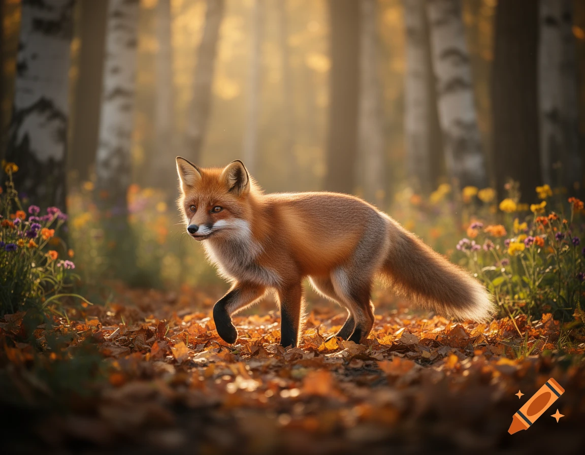 A photorealistic red fox walks through a sunlit autumn forest, surrounded by fallen leaves and colorful wildflowers.