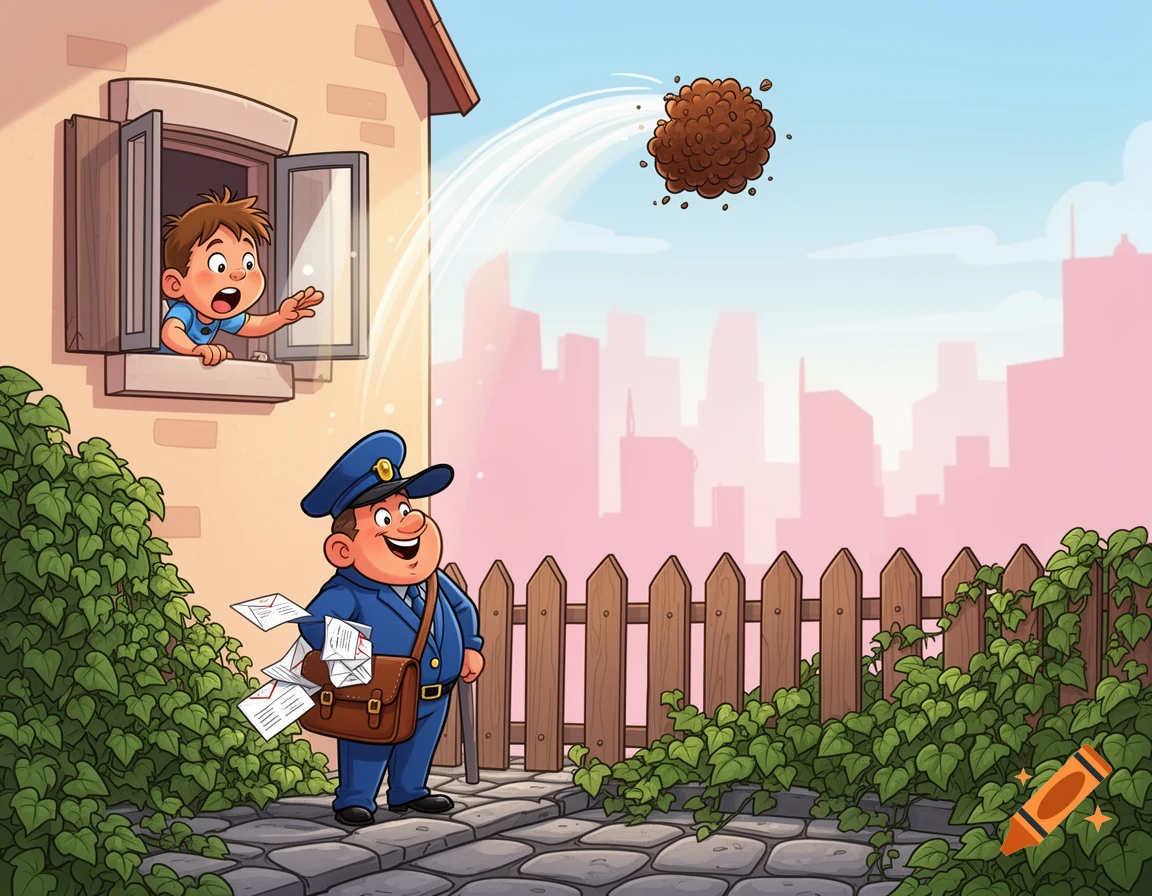 A cartoon kid throws a brown blob from a window at a smiling mailman standing outside a house with a city skyline in the background.