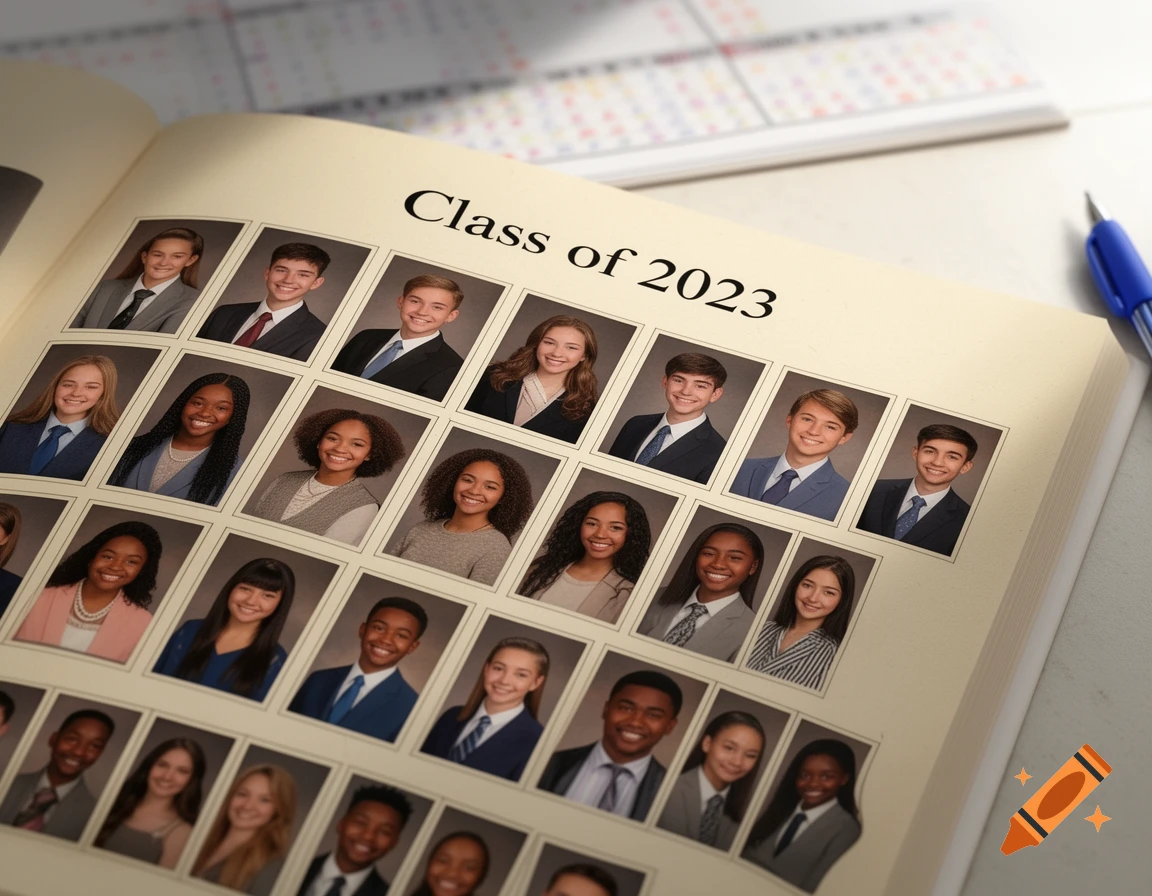 A high-angle view of an open school yearbook featuring a grid of smiling student portraits and the title "Class of 2023".