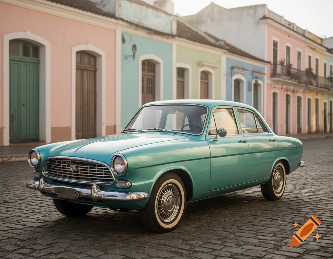 A vintage teal car parked on a cobblestone street in front of colorful pastel buildings under a soft sky.