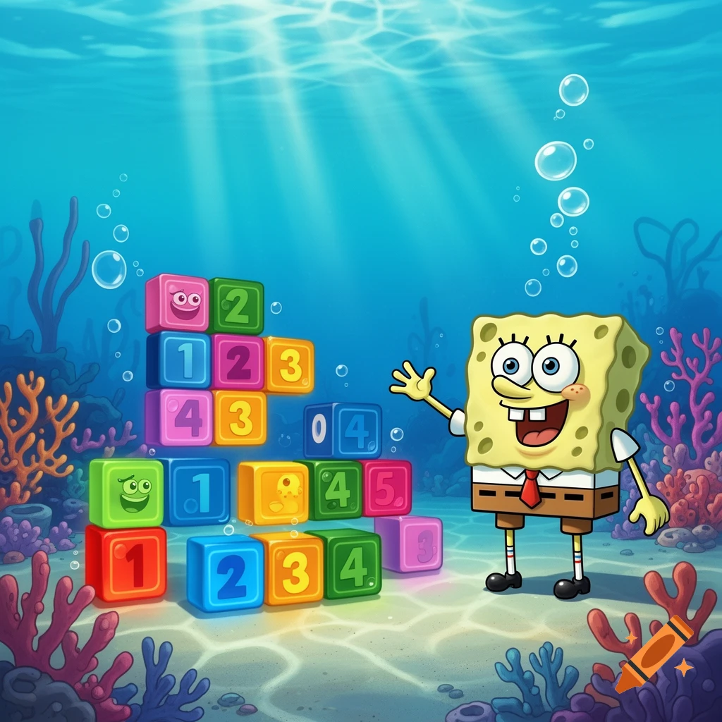 SpongeBob SquarePants stands underwater next to a stack of colorful number blocks, some with faces, on the sandy seafloor.