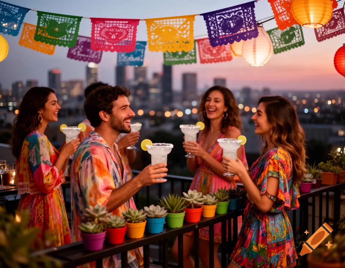 Friends laughing and drinking margaritas at a vibrant rooftop fiesta with colorful banners and city lights at sunset.
