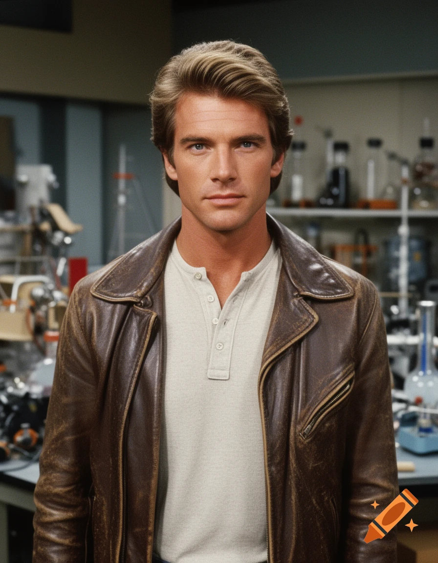 Photorealistic portrait of a handsome man with blond hair in a leather jacket and henley, in a science lab background.