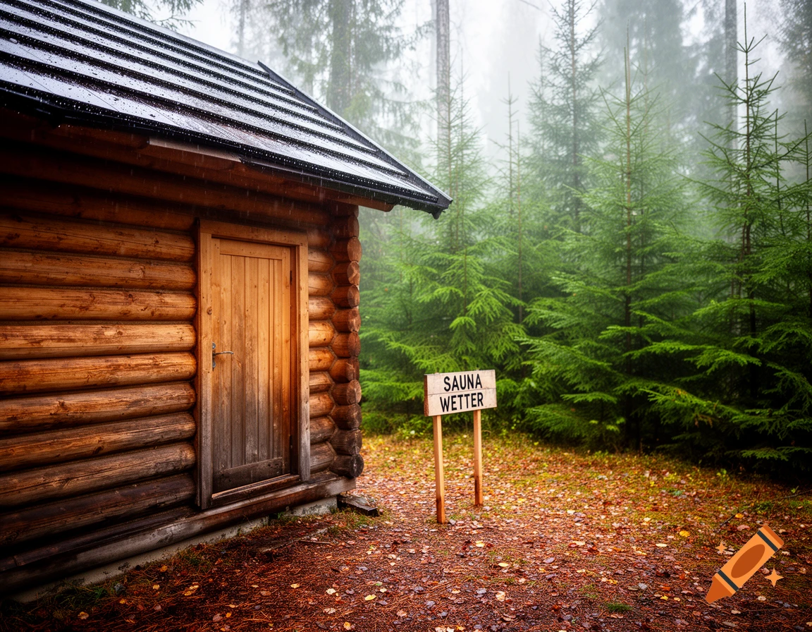 A photorealistic wooden log cabin stands in a misty, rainy pine forest with autumn leaves. A sign reads 'SAUNA WETTER'.