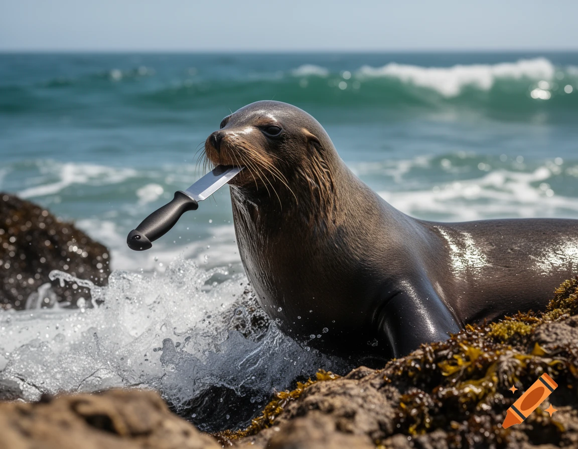 A photorealistic image of a sea lion on a rocky shore, holding a knife in its mouth, with ocean waves in the background.
