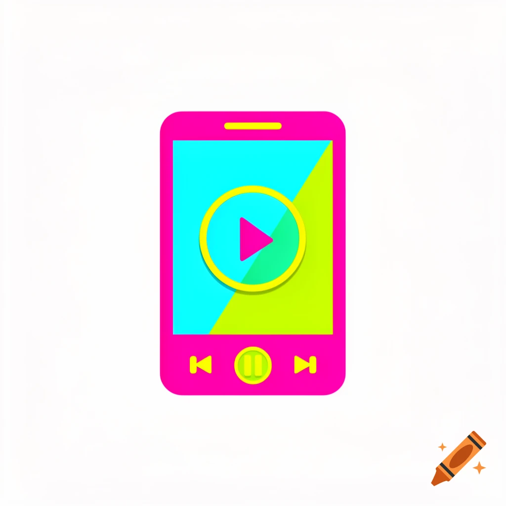 A vibrant pink, cyan, and lime green mp3 player icon with a play button on the screen and control buttons.