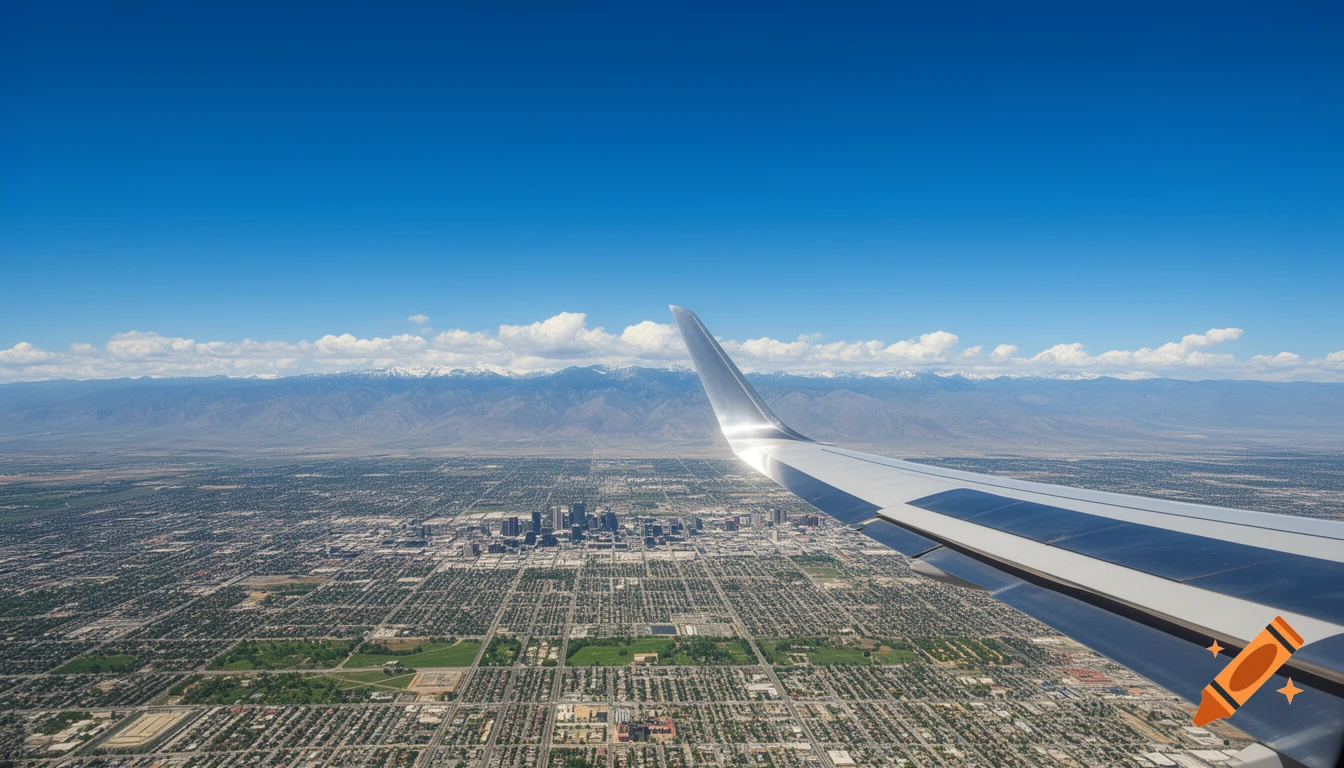 Aerial view of Salt Lake City, Utah, from an airplane window, with a shiny wing in the foreground, mountains in the distance, and a clear blue sky.
