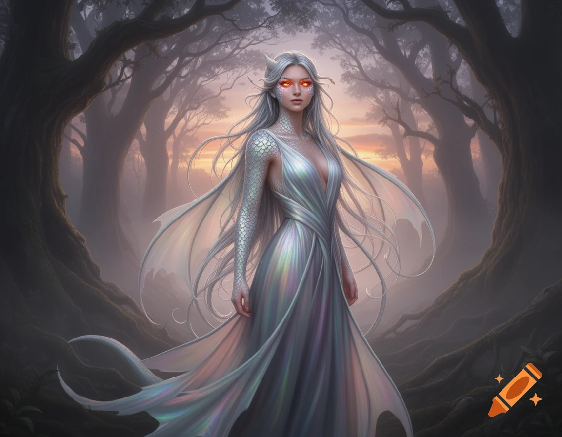 A dragon woman with white hair, glowing orange eyes, and scales, wearing an iridescent dress in a misty, magical forest at sunset.