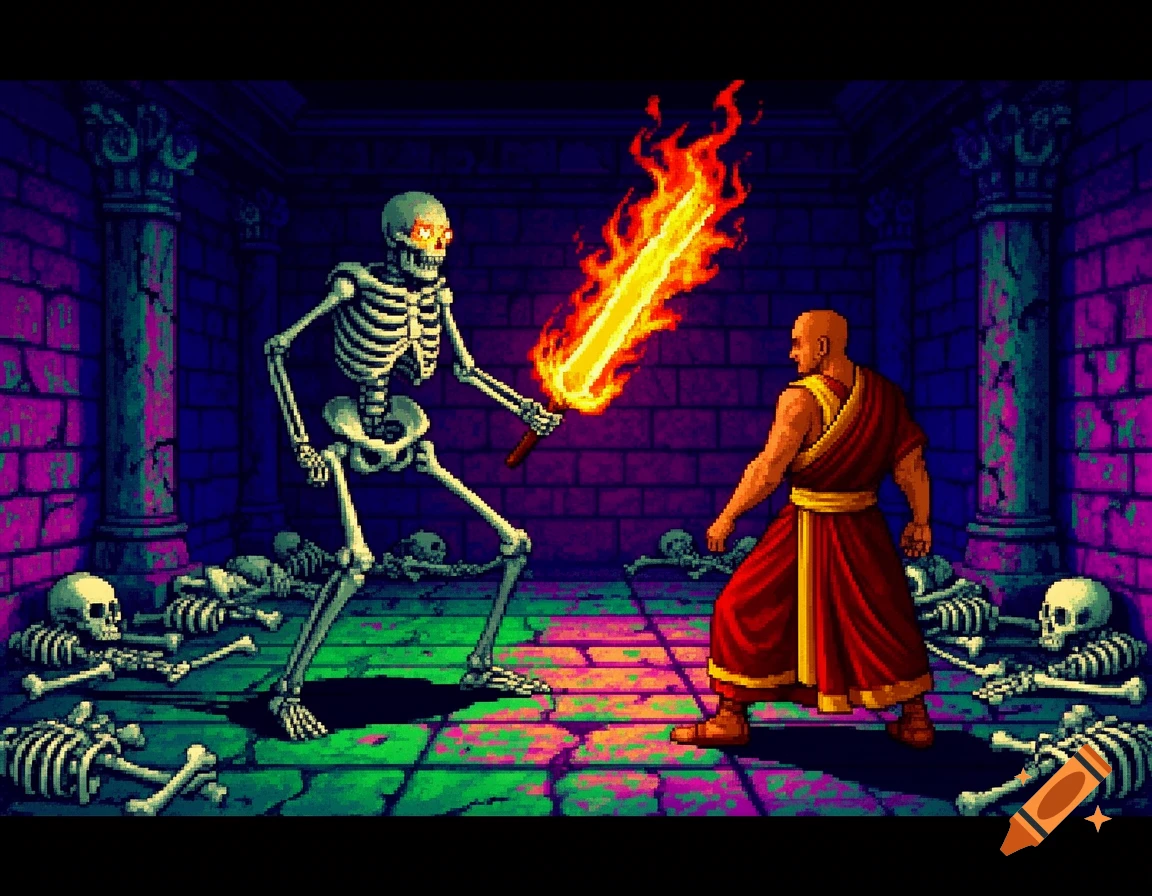 A pixel art skeleton with a flaming sword faces a monk in a dungeon surrounded by bones.