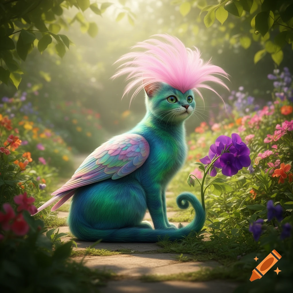 A whimsical teal-blue cat with pink feathery hair and iridescent wings sits on a stone path in a magical, sunlit garden.