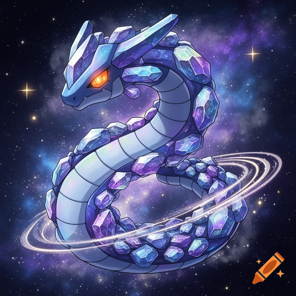 A crystal serpentine creature, similar to Onix, with glowing eyes, set against a vibrant purple and blue cosmic background with rings.
