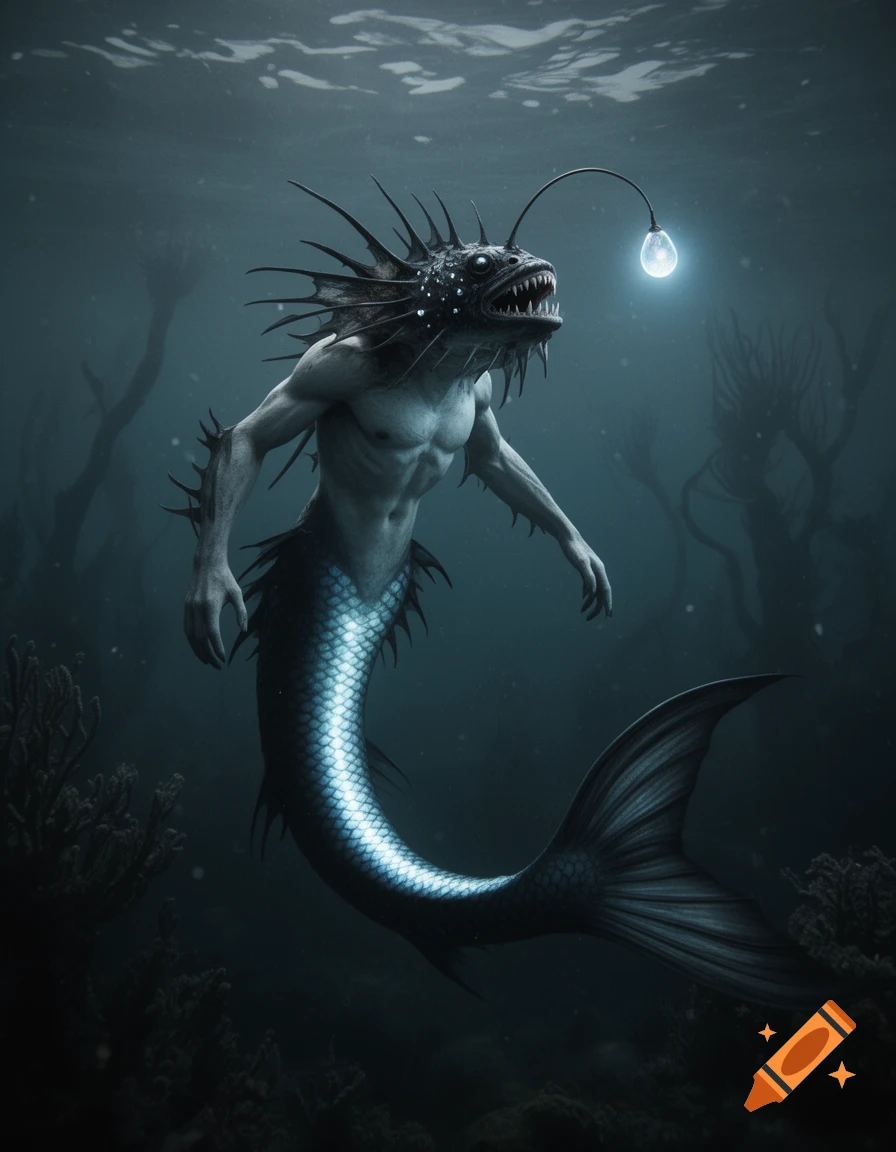 A scary anglerfish merman with a bioluminescent lure, swimming in dark deep-sea waters.