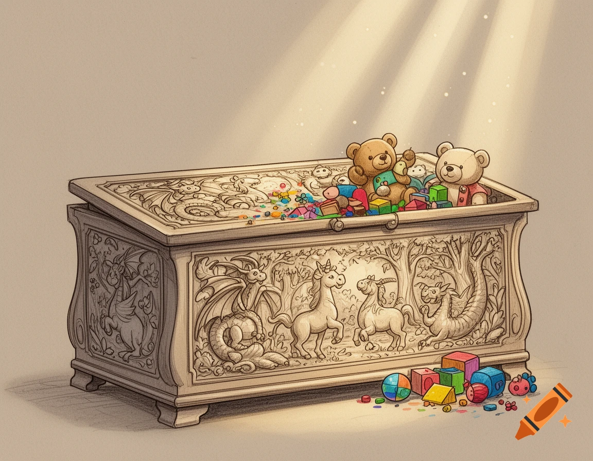 Detailed sketch illustration of an open wooden toy chest carved with dragons and unicorns, overflowing with colorful toys.