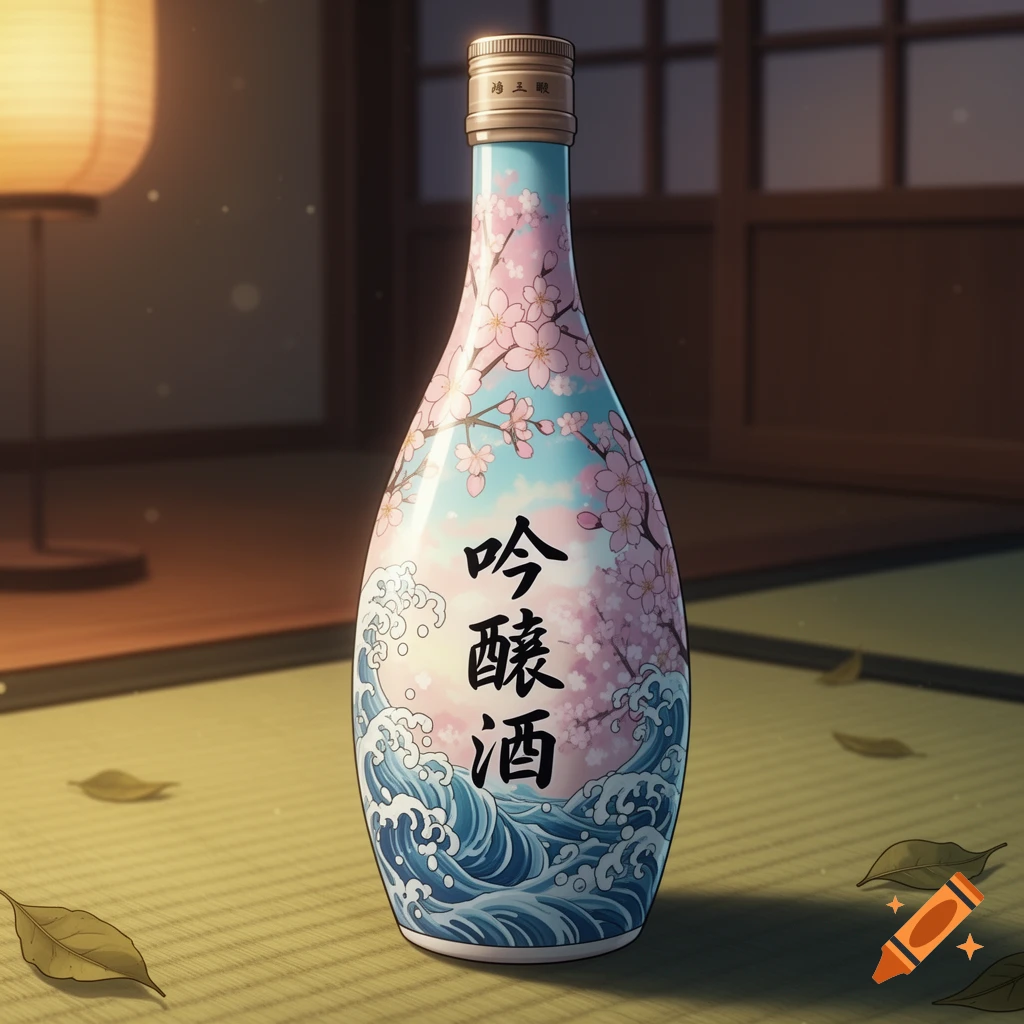 Anime style illustration of a sake bottle decorated with pink cherry blossoms and blue waves, on a tatami mat.