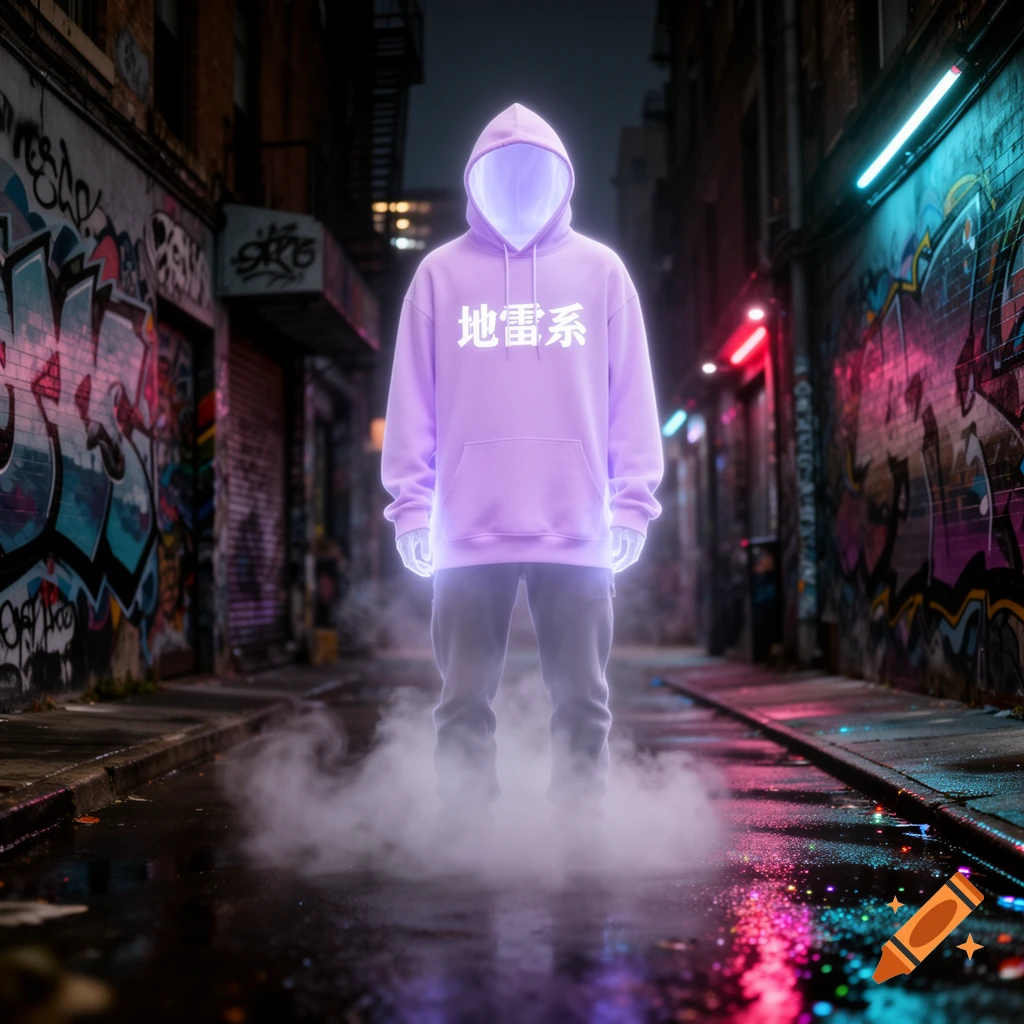 A glowing, faceless figure in a purple hoodie with Japanese text stands in a dark, graffiti-covered alley illuminated by neon lights and mist.