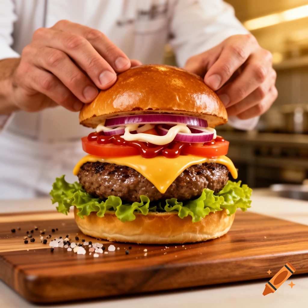 A chef's hands place the top bun on a fully dressed photorealistic burger with lettuce, patty, cheese, tomato, onion, ketchup, and mayo on a wooden board.