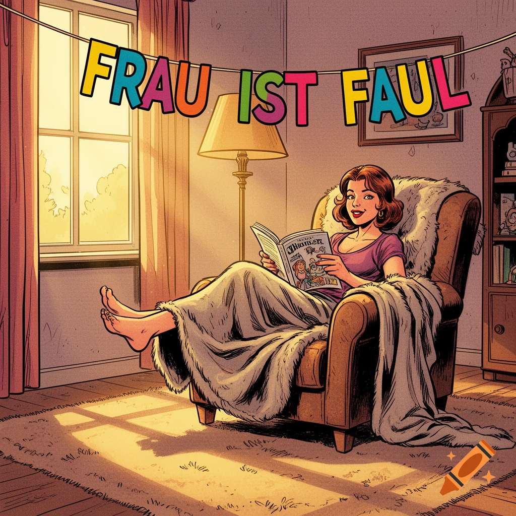 A woman with brown hair relaxes in a fluffy armchair, reading a magazine, with a banner above reading 'FRAU IST FAUL' in a comic style.