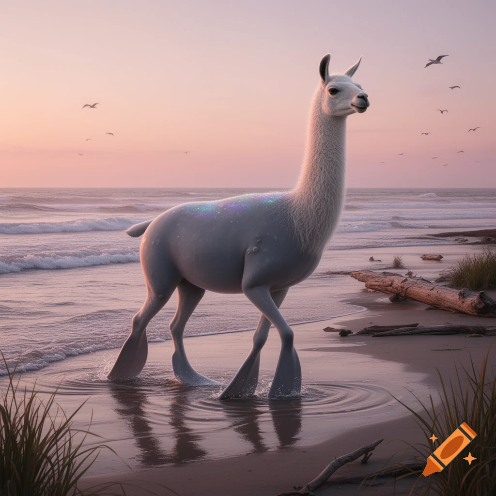 A photorealistic llama-whale hybrid with iridescent spots walks on a sandy beach during sunset, with waves and birds.