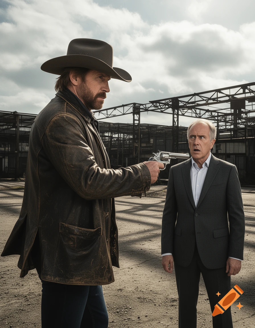 A man in a cowboy hat points a revolver at a man in a suit, both in an industrial setting under a cloudy sky.