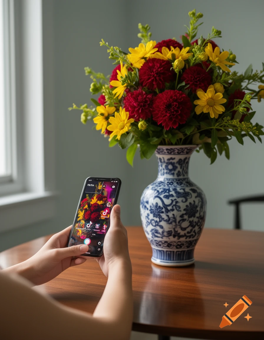 Close-up of hands holding a smartphone displaying a social media feed, next to a vase with red and yellow flowers.