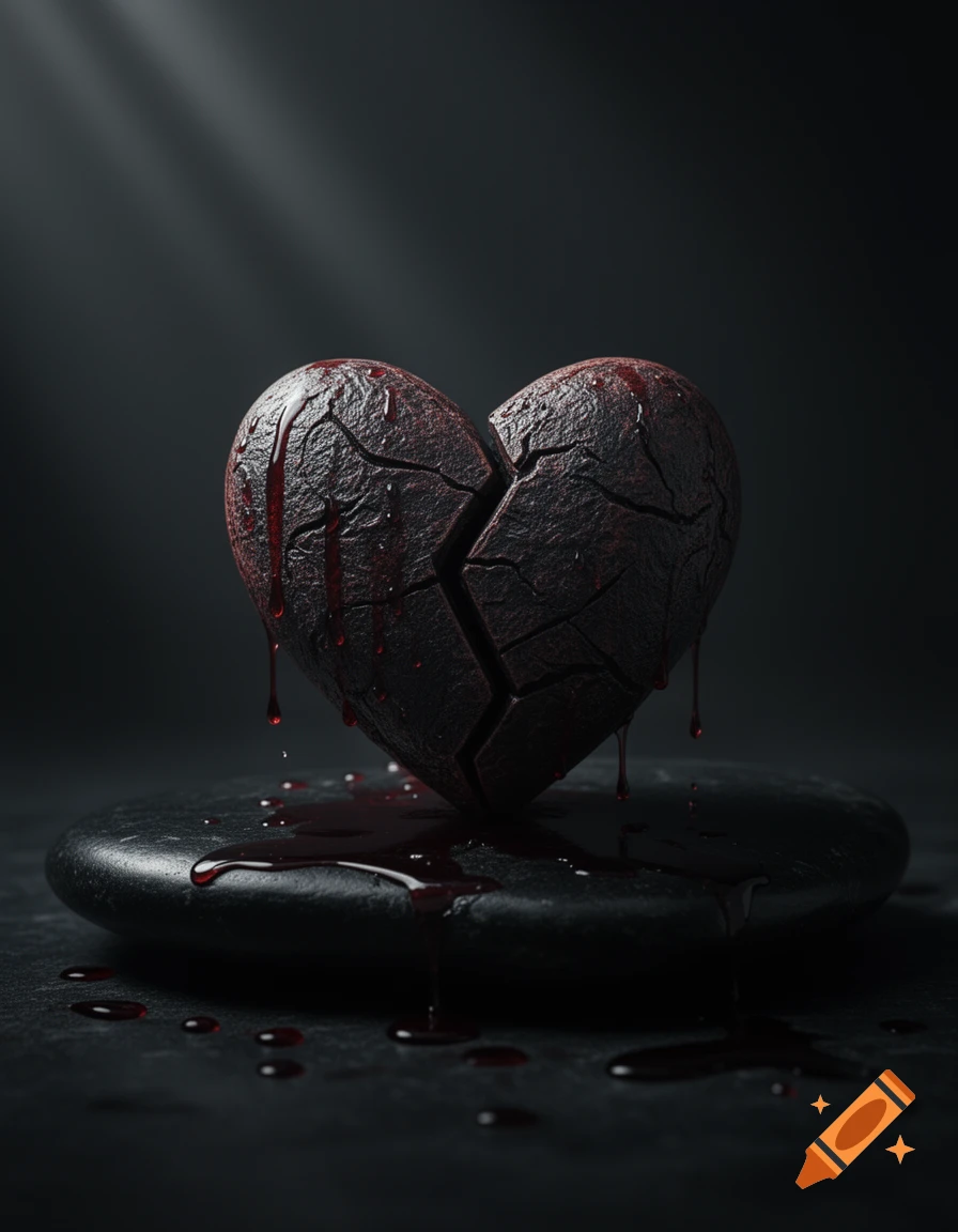 A dark, cracked, broken heart drips red liquid onto a black stone, illuminated by a spotlight.