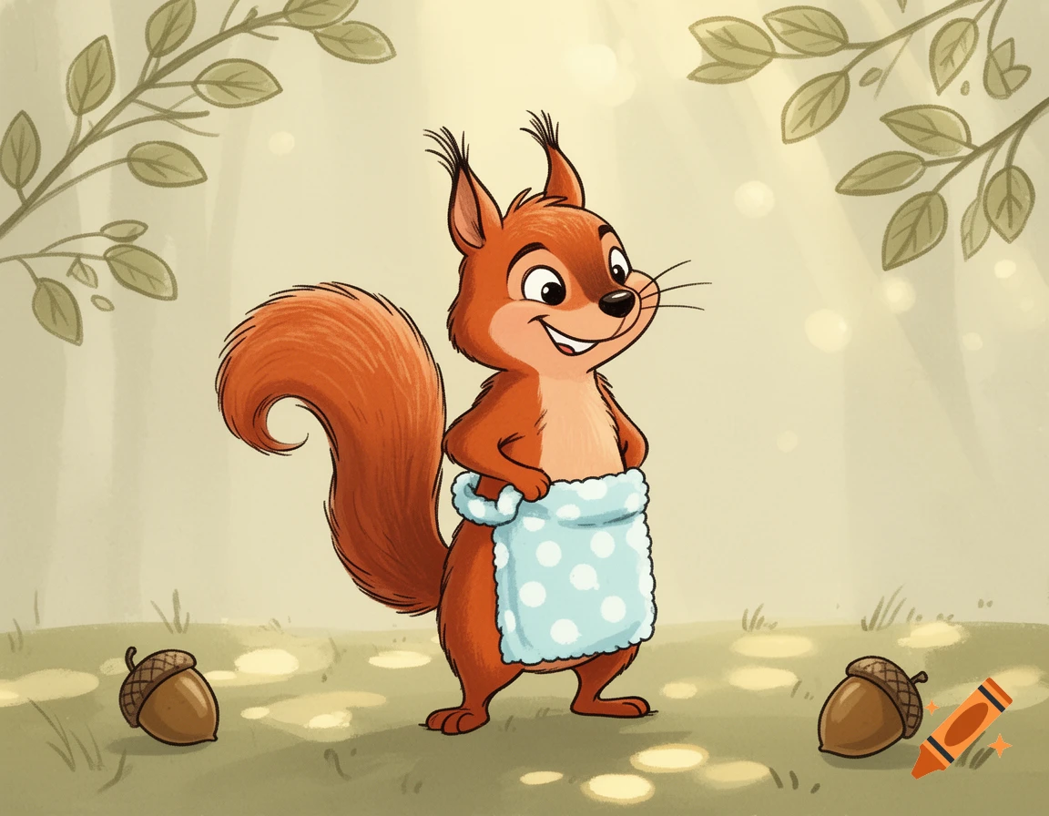 Cartoon squirrel wearing a light blue polka dot apron, smiling in a forest with two acorns.