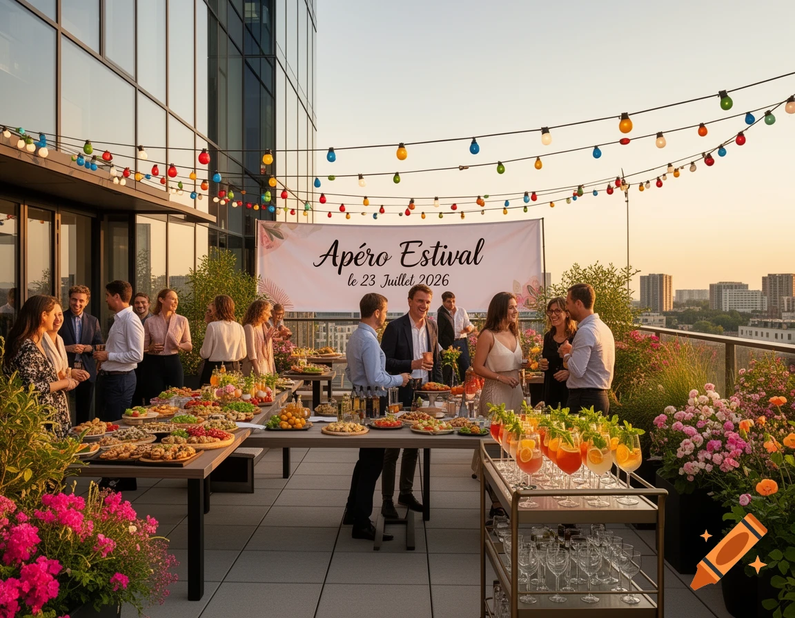 People socialize at a corporate rooftop party with food, drinks, string lights, and a banner advertising a summer aperitif at sunset.