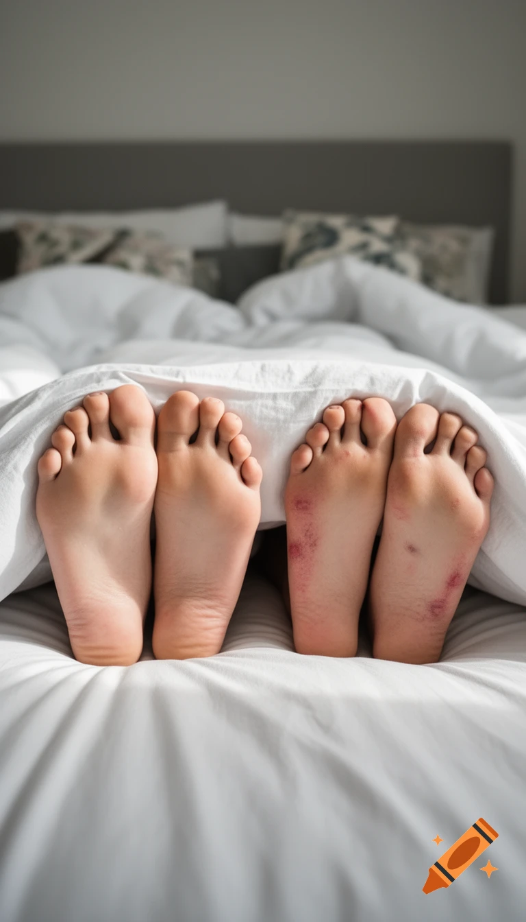 A close-up of two pairs of feet, one clean and one with red marks, sticking out from under a white blanket in a bed.
