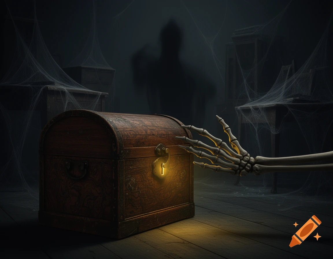 A skeletal hand reaches for a glowing keyhole on a wooden treasure chest in a dark, cobweb-filled room with old furniture.