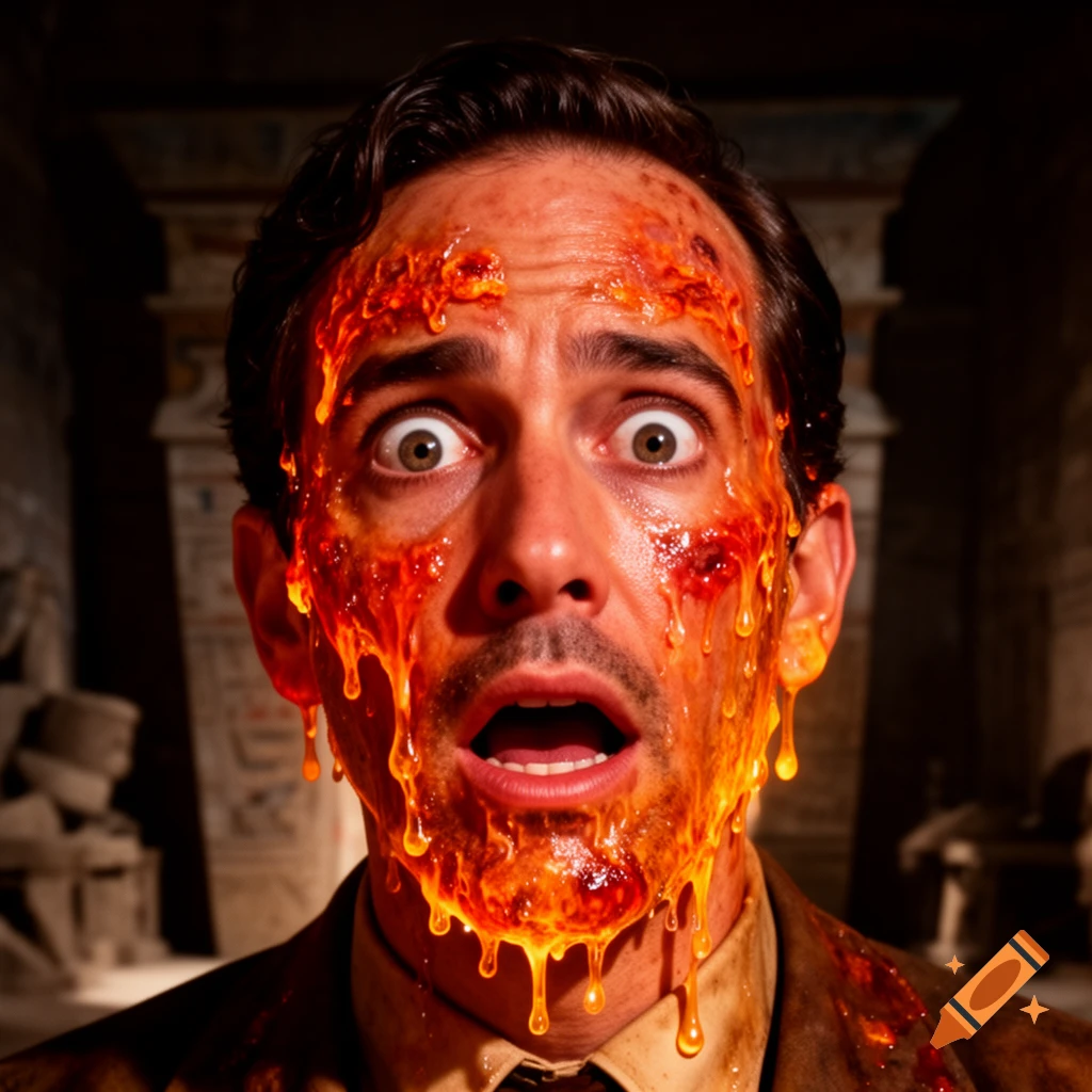 Close-up of a man with wide eyes, his face covered in melting, fiery orange liquid, against a dark, ancient-looking background.