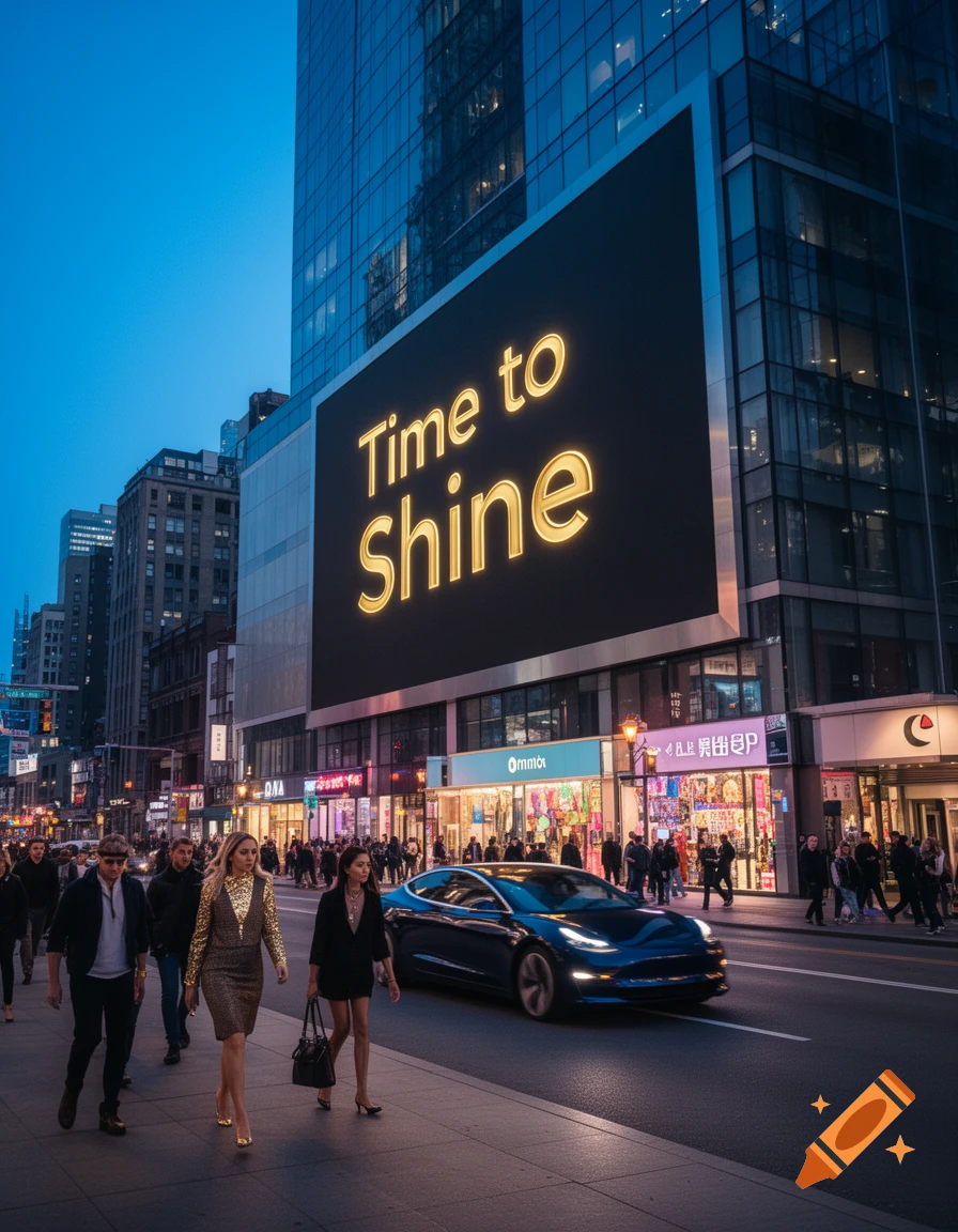 Photorealistic city street at dusk with pedestrians, a blue car, and a large billboard displaying 'Time to Shine'.