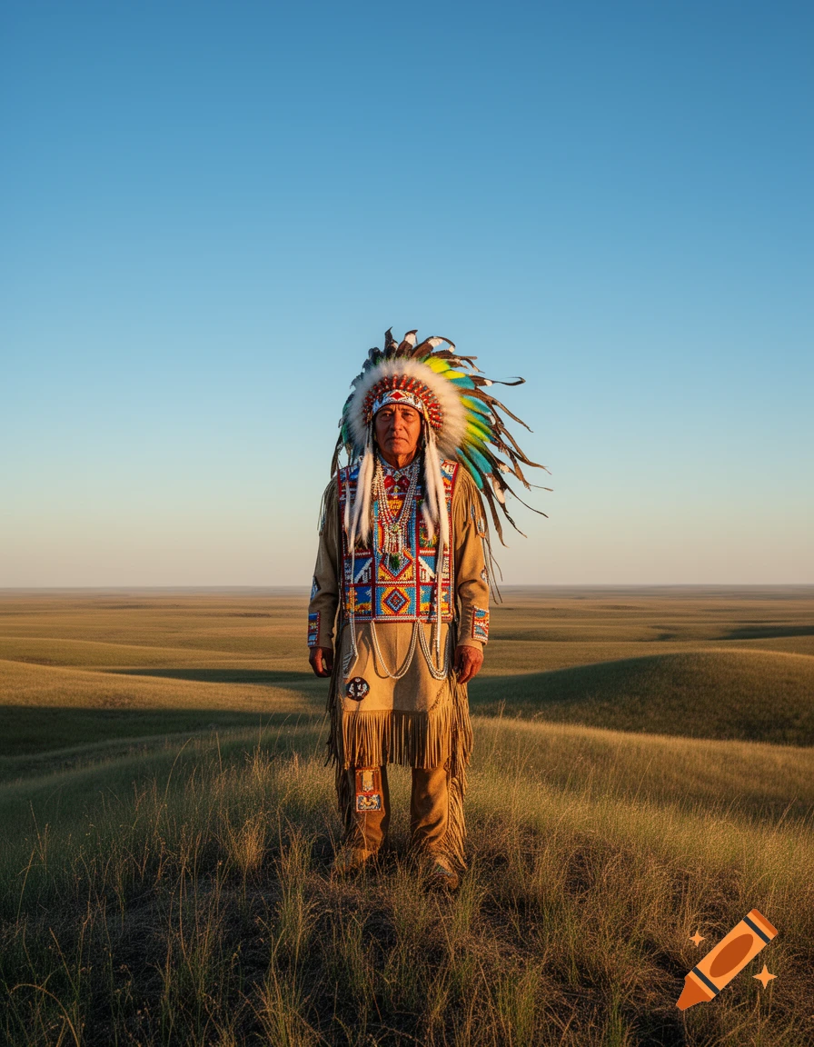 A man in colorful Native American regalia with a large feathered headdress stands solemnly in a vast, sunlit grassy plain.