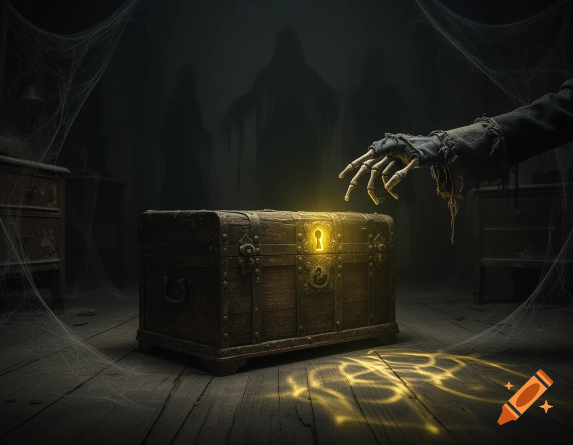 A bony hand in ragged clothes reaches for a glowing keyhole on a wooden treasure chest in a dark, cobweb-filled room with ghostly figures in the background.