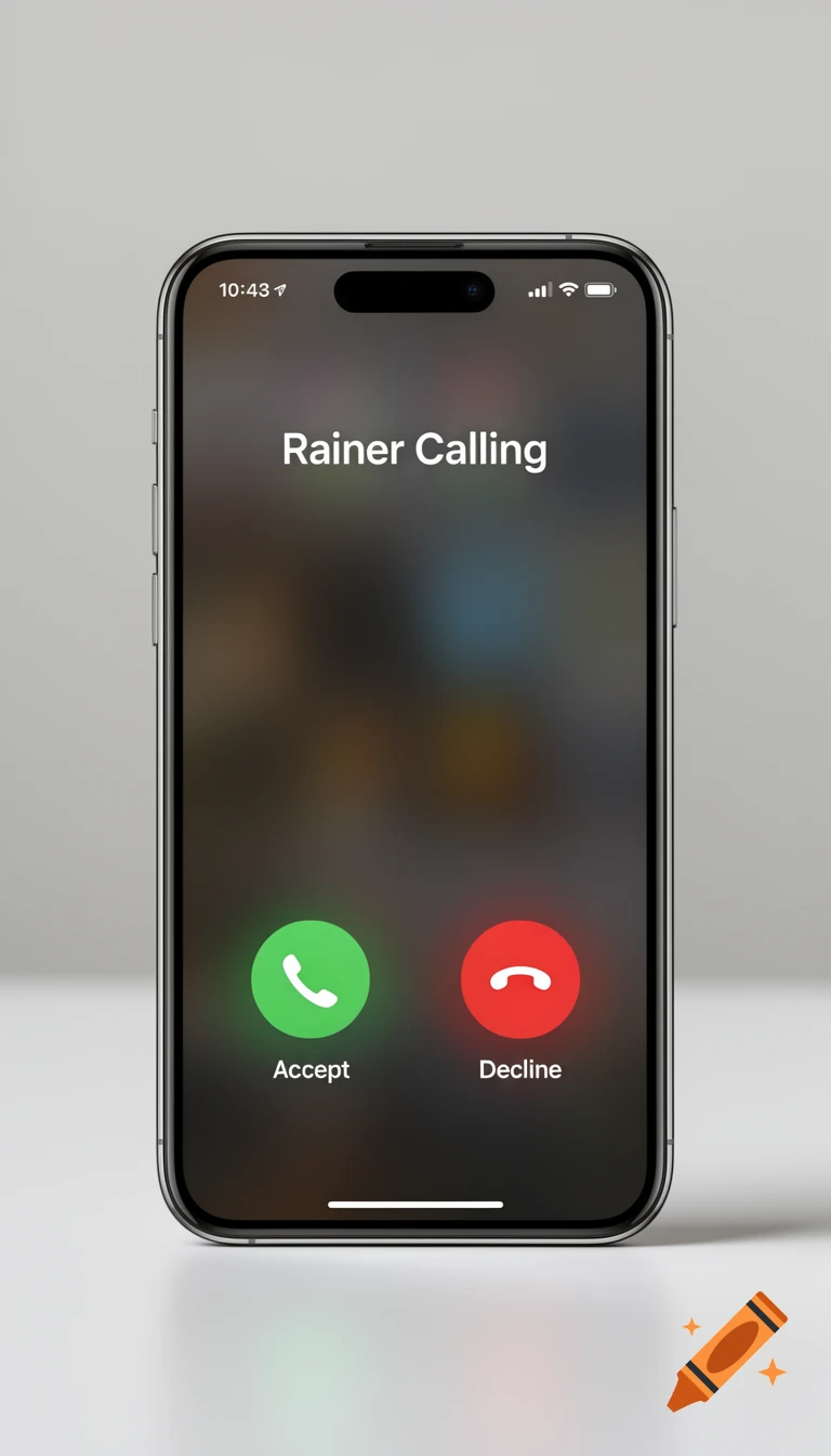 A photorealistic iPhone displaying an incoming call from 'Rainer Calling' with green 'Accept' and red 'Decline' buttons.