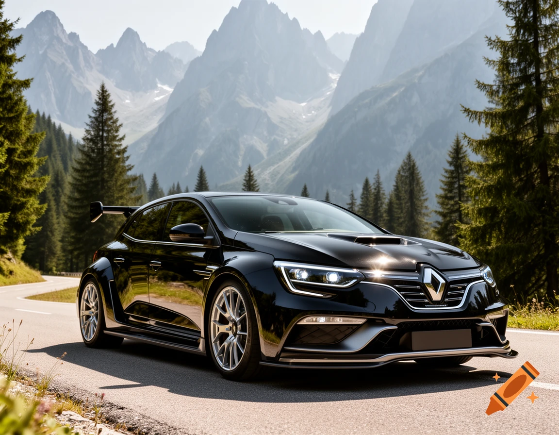 A black Renault Megane 4 Trophée car is parked on a winding mountain road, surrounded by pine trees and majestic peaks under a clear sky.