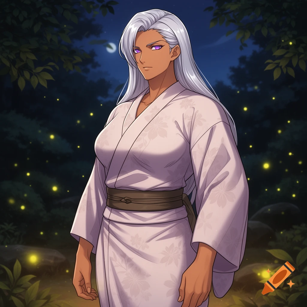 Anime woman with tan skin, white hair, purple eyes, wearing a white floral yukata, standing in a firefly-lit forest at night.