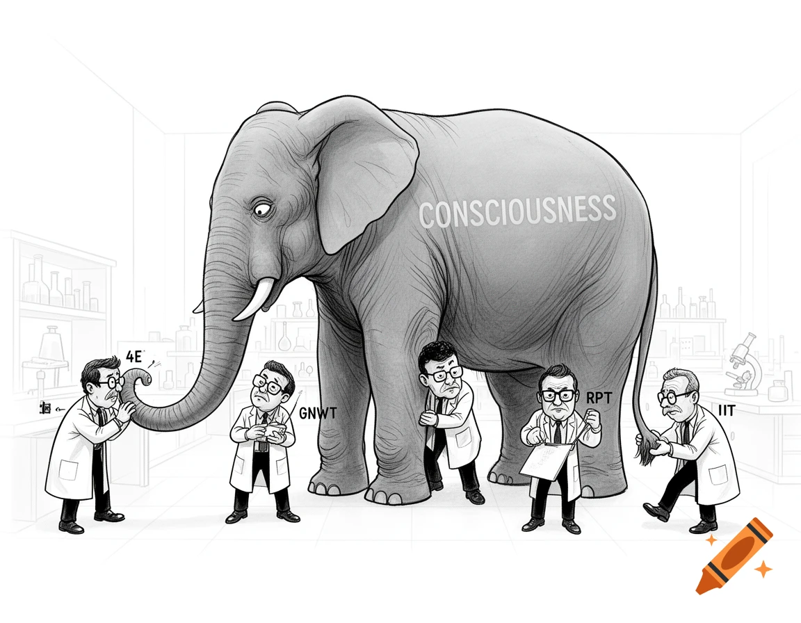 Caricature of four scientists in a lab touching different parts of a large elephant labeled "CONSCIOUSNESS," while the elephant looks bored.