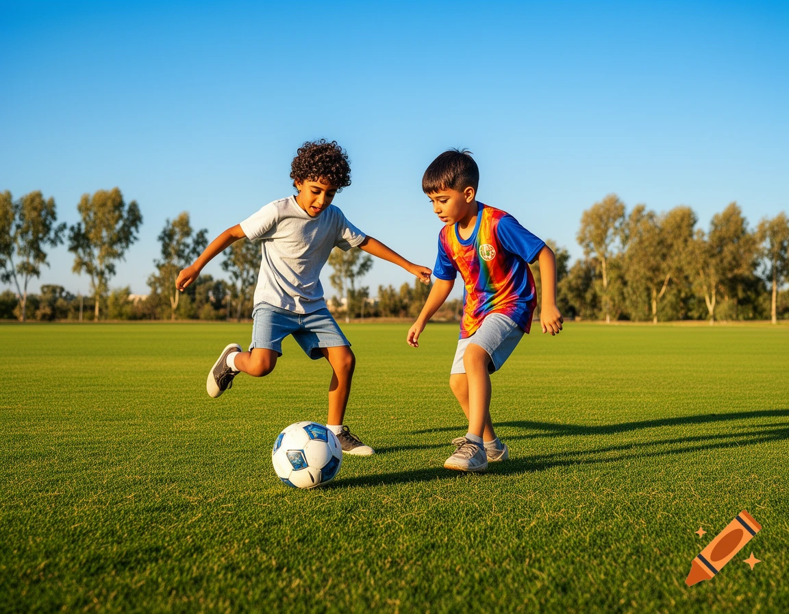 Two young boys dribbling a soccer ball on a green grass field under a clear blue sky, with trees in the background.