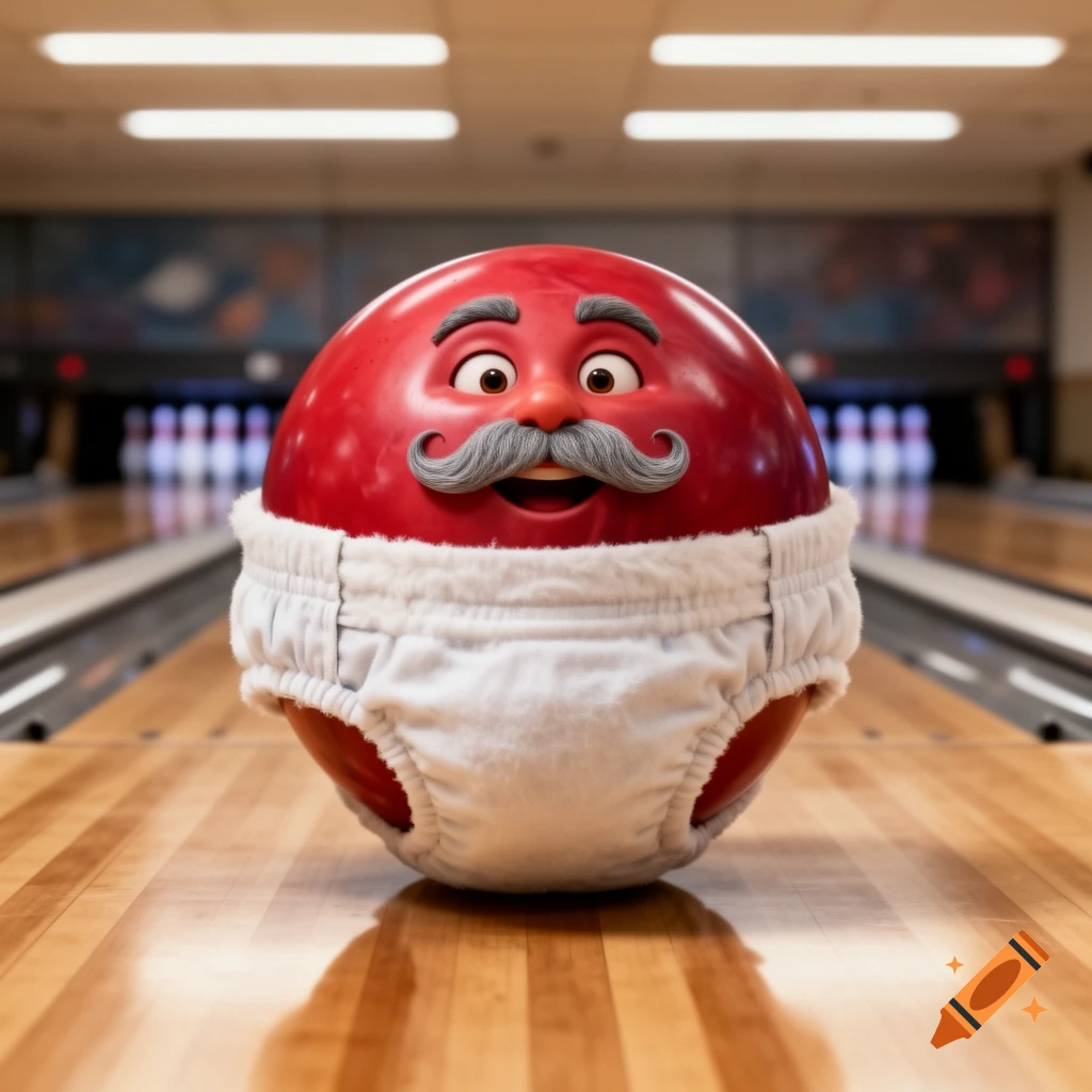 A red cartoon bowling ball with a mustache and a diaper sits on a shiny bowling lane, looking forward.