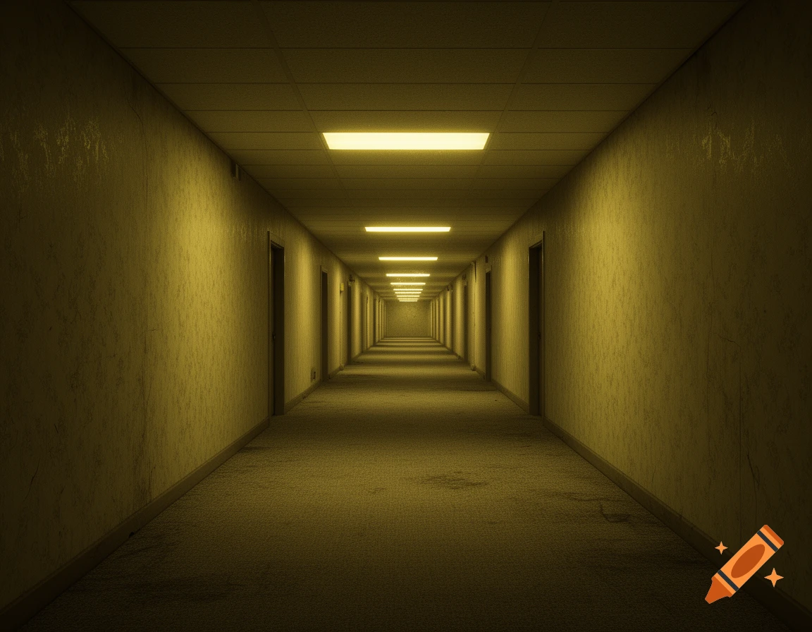 A long, empty, disorienting yellow corridor with fluorescent lights stretching into the distance, resembling the Backrooms.