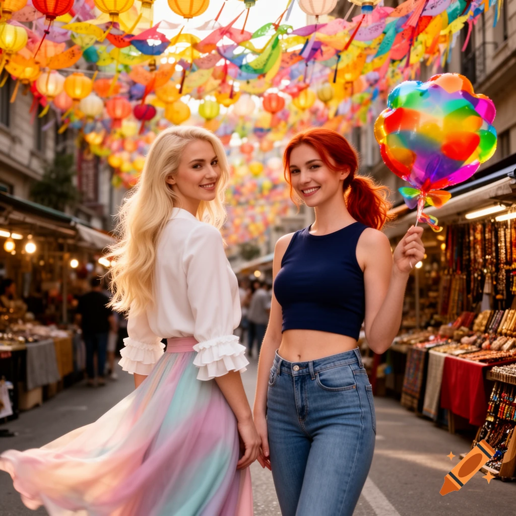Two smiling women, one in a colorful skirt, the other holding a rainbow balloon, stand on a vibrant market street under lanterns.